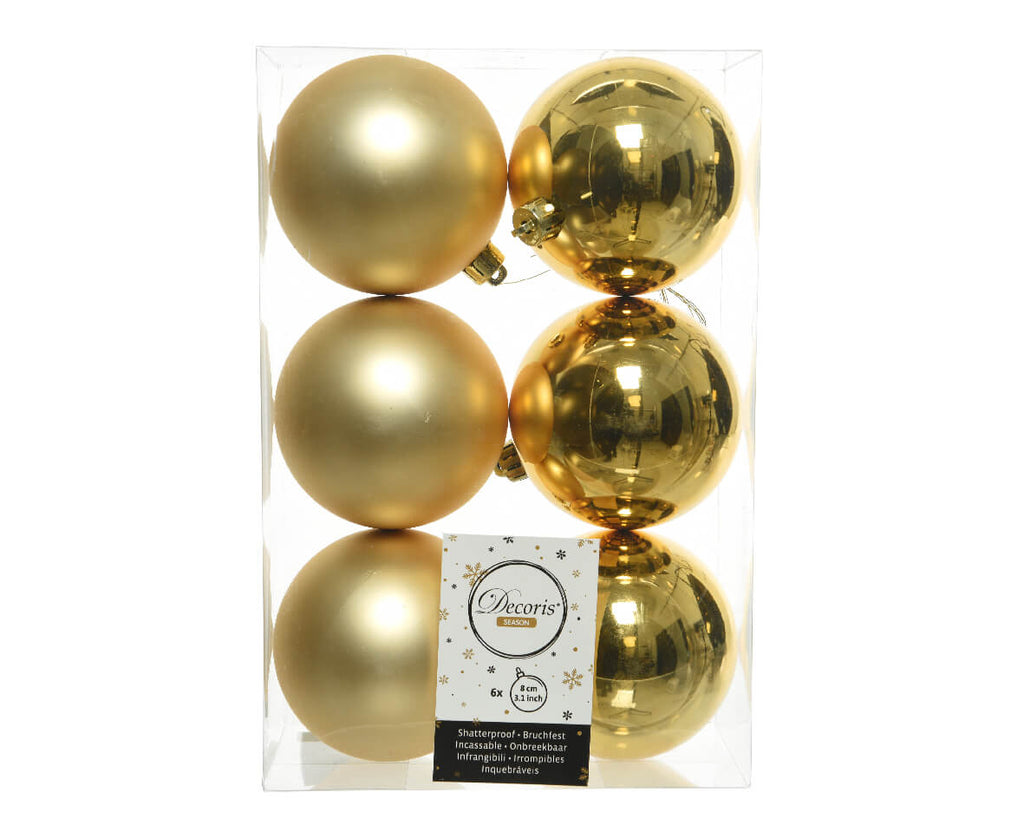 3.1” Shiny/Matte Light Gold Shatterproof Ornaments - Set of 6
