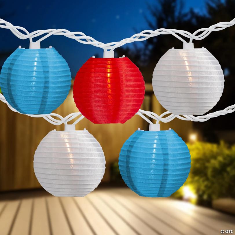 10-Count Red  White and Blue 4th of July Paper Lantern Lights  8.5ft White Wire