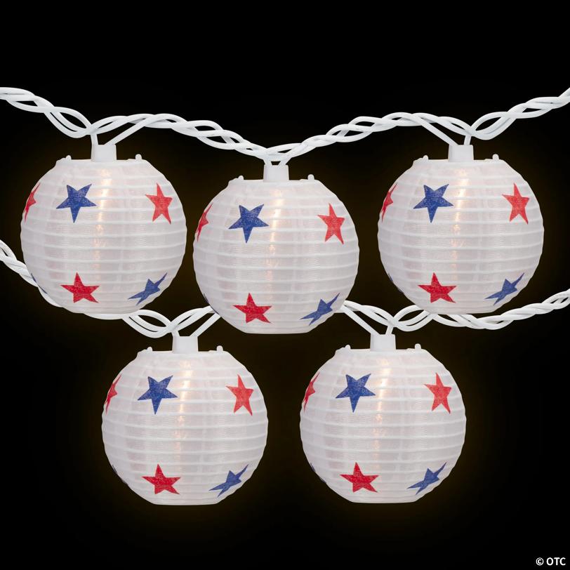10-Count Red  White and Blue Star 4th of July Paper Lantern Patio Lights  Clear Bulbs