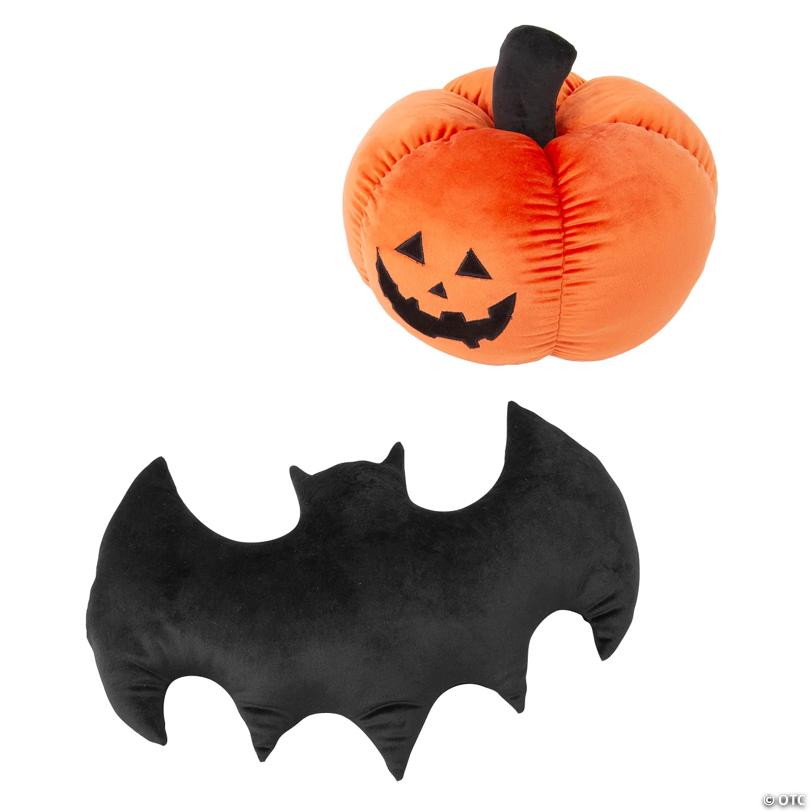 10" Halloween Fuzzy Polyester Jack-O-Lantern & Bat Pillows Set - 2 Pc.