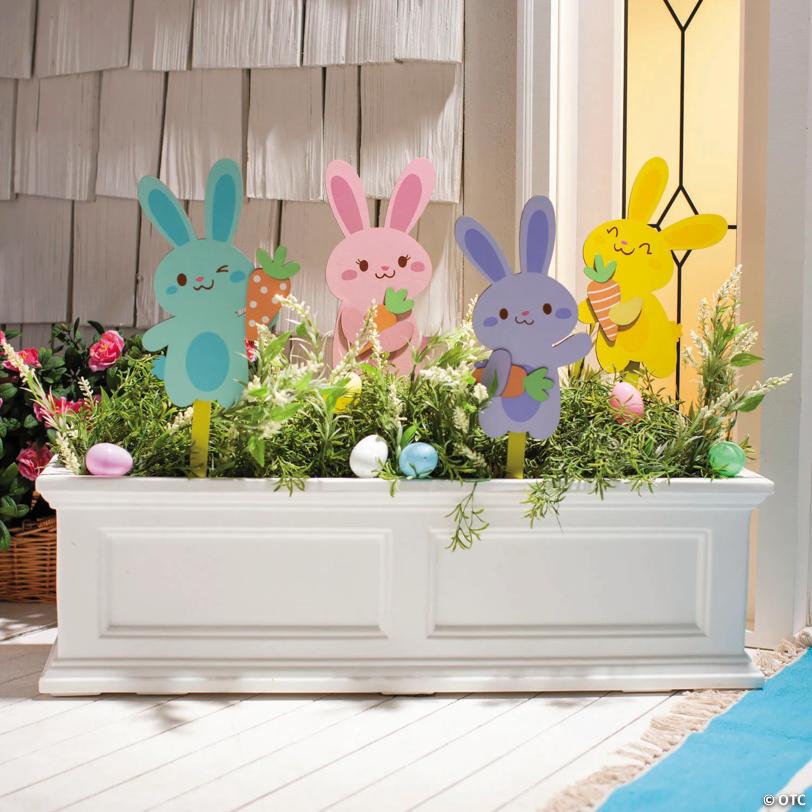 12" Easter Whimsy Pastel Bunnies Wooden Yard Stakes Set - 4 Pc.