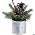 12" Frosted Pine  Berries and Pine Cones Floral Arrangement in Tin Pot