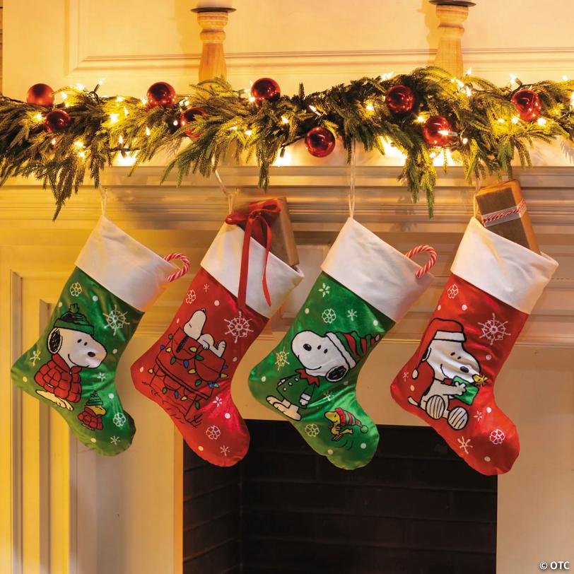 12" x 18" Peanuts Snoopy & Woodstock Polyester Christmas Stockings – 4 Pc.