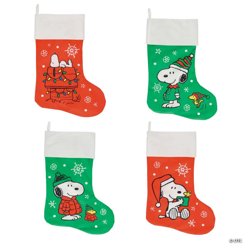 12" x 18" Peanuts Snoopy & Woodstock Polyester Christmas Stockings – 4 Pc.