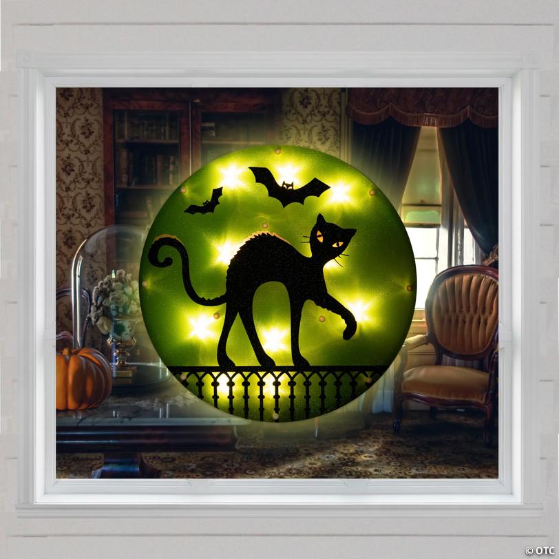 13.75" Lighted Black Cat Halloween Window Silhouette