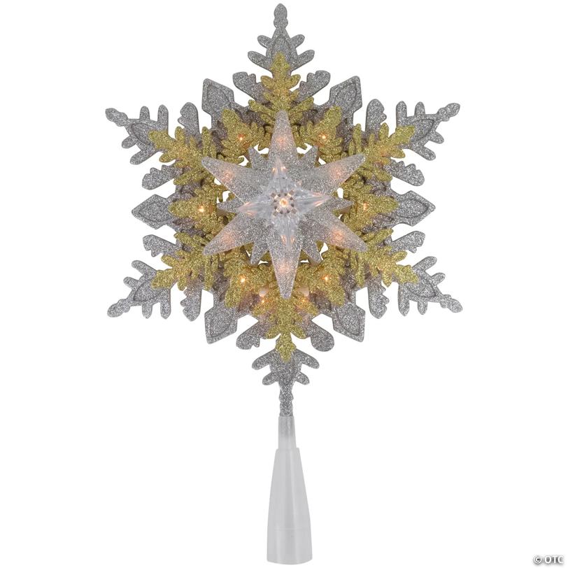 13.75" Lighted Gold and Silver Snowflake Christmas Tree Topper  Clear Lights