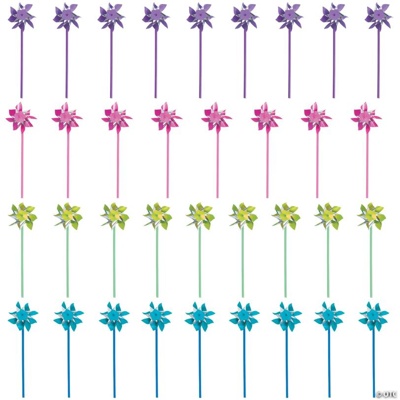 13" Bright Blue, Green, Pink & Purple Plastic Pinwheels - 36 Pc.