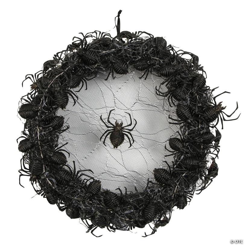 14 3/4" Light-Up Hanging Wreath with Black Spiders Halloween Decoration