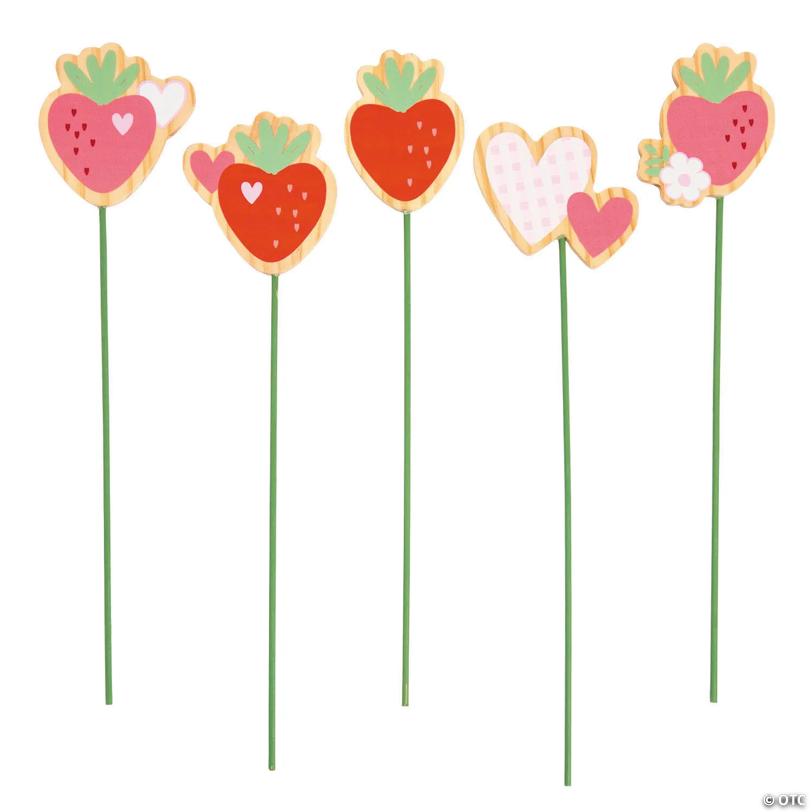 14" Love in Bloom Hearts & Strawberries Wooden Plant Stakes – 5 Pc.