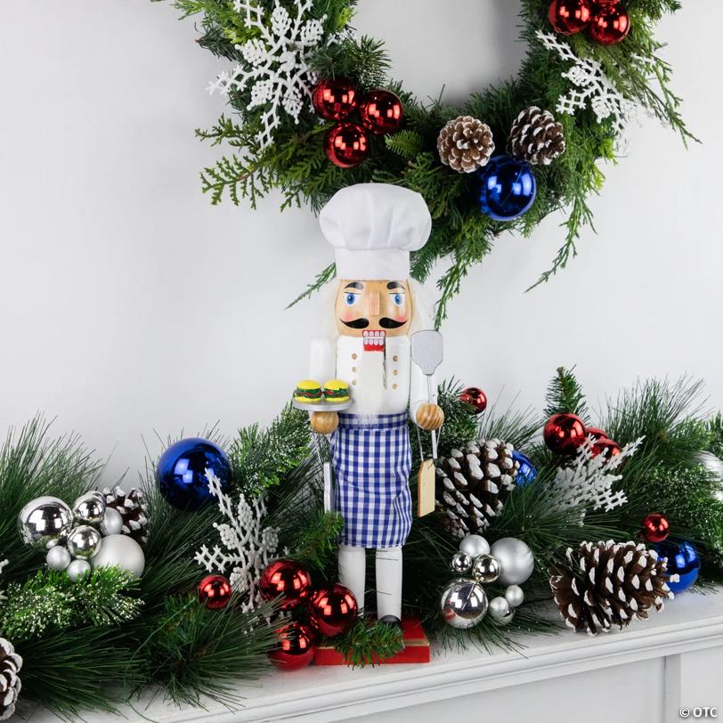 14" White and Blue Chef with Gingham Apron Wooden Christmas Nutcracker