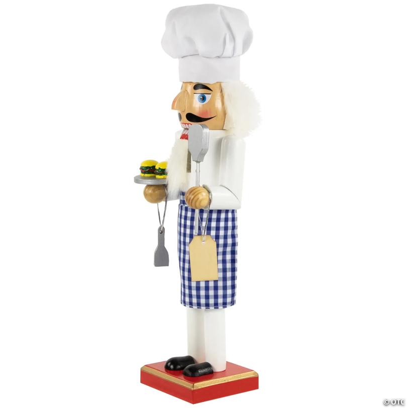 14" White and Blue Chef with Gingham Apron Wooden Christmas Nutcracker