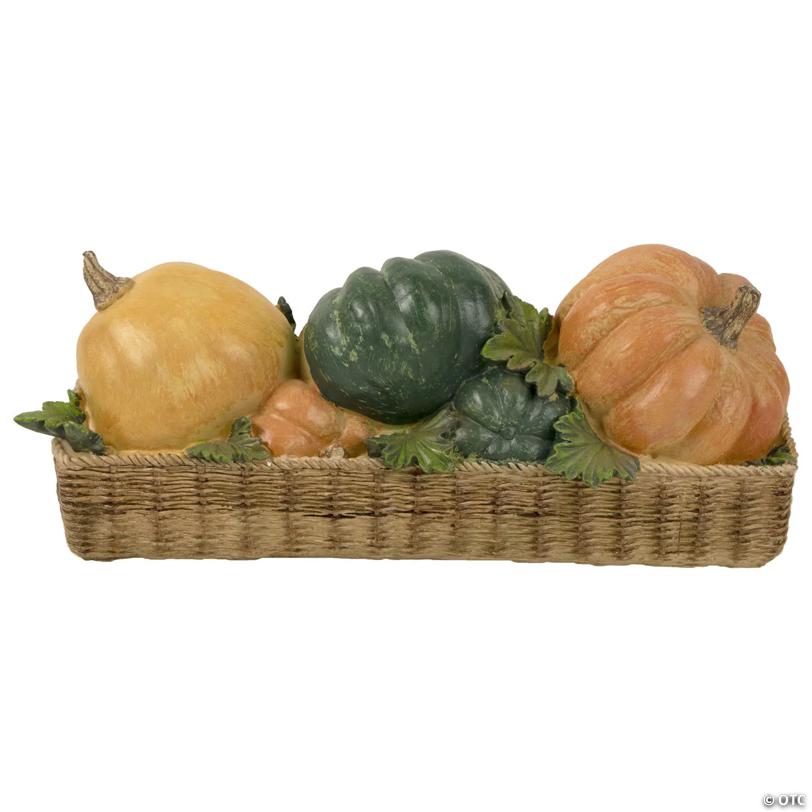15" Faux Rattan Basket with Pumpkins Thanksgiving Table Top Decoration