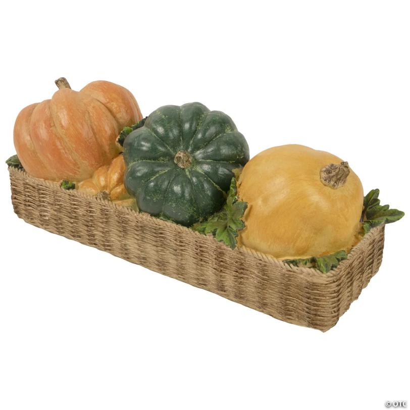15" Faux Rattan Basket with Pumpkins Thanksgiving Table Top Decoration