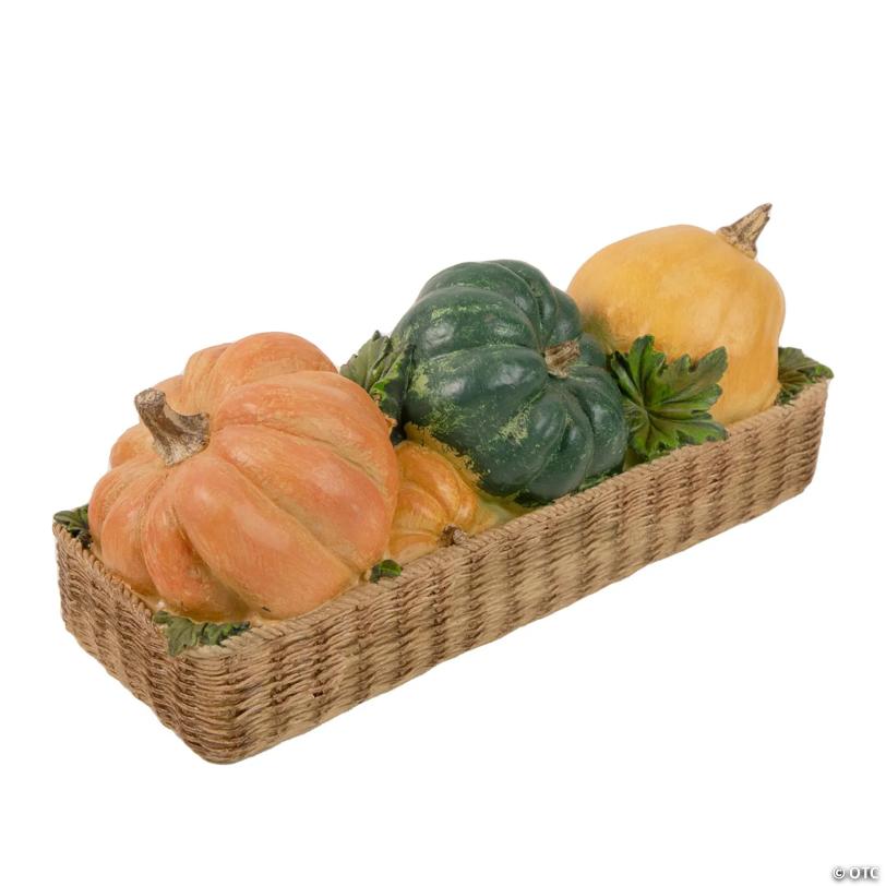 15" Faux Rattan Basket with Pumpkins Thanksgiving Table Top Decoration