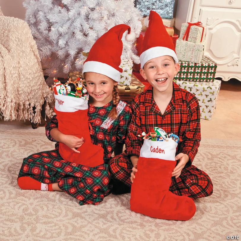 15" Personalized Red Plush Christmas Stocking with White Trim