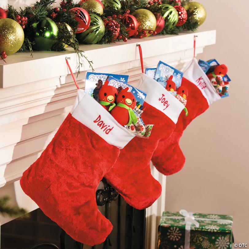 15" Personalized Red Plush Christmas Stocking with White Trim