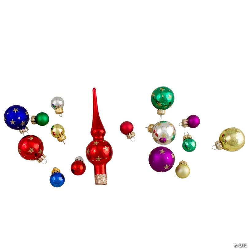 16-Piece Assorted Glass Ball Christmas Ornaments with Tree Topper - Multi-Color