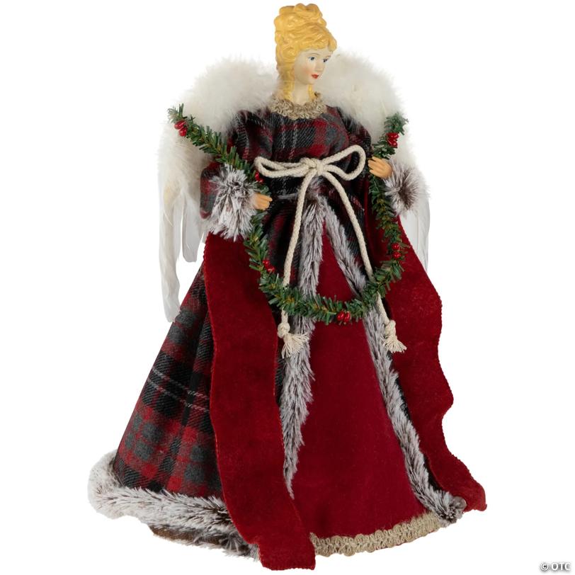 16" Red and Plaid Angel Christmas Tree Topper  Unlit