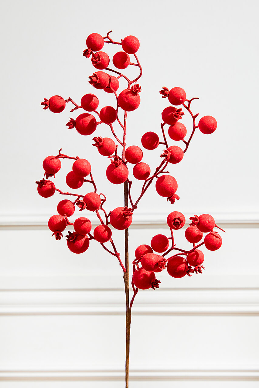 29” Red Flocked Berry Spray