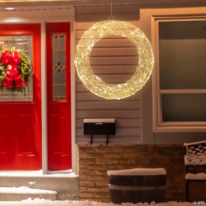 18" LED Lighted Gold Wire Wreath Outdoor Christmas Decoration