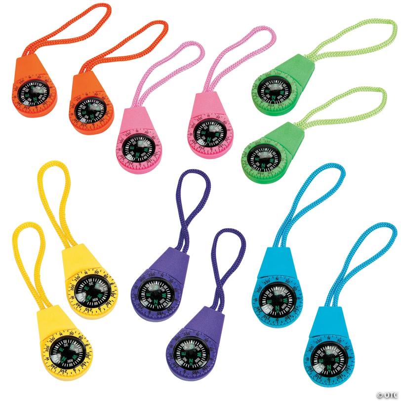 1 1/2" Neon Colored Plastic Compasses on a Nylon Cord - 12 Pc.