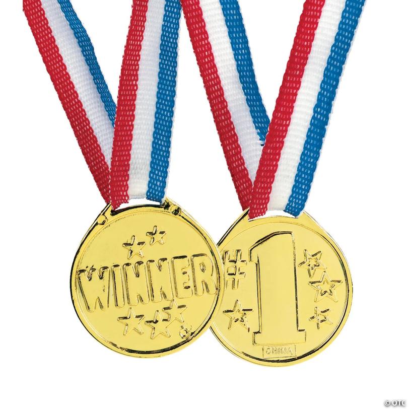 1 1/2" Plastic Goldtone Winner Medals with Striped Ribbon - 12 Pc.