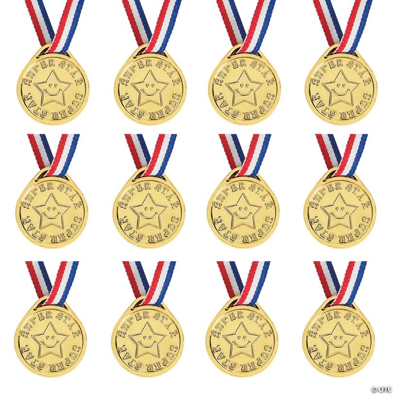 1 1/2" Super Star Goldtone Plastic Medals with Red, White & Blue Ribbon - 12 Pc.