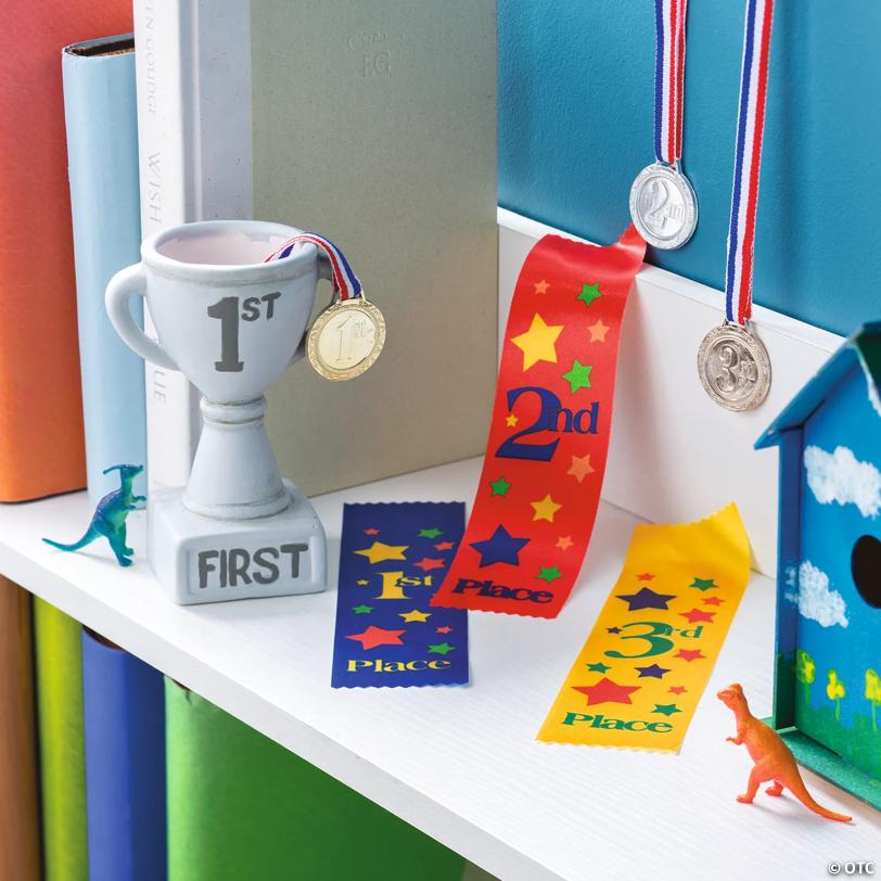 1 1/4" 1st, 2nd & 3rd Place Plastic Award Medals with Striped Ribbon - 12 Pc.