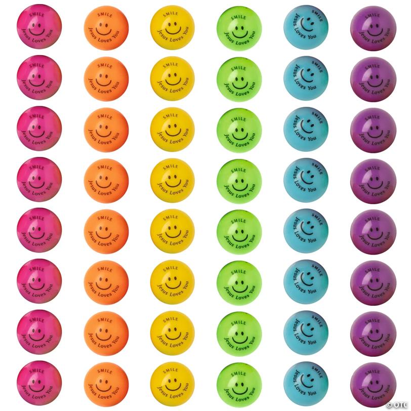 1" Bulk 48 Pc. Mini Smile Jesus Loves You Rubber Bouncy Balls