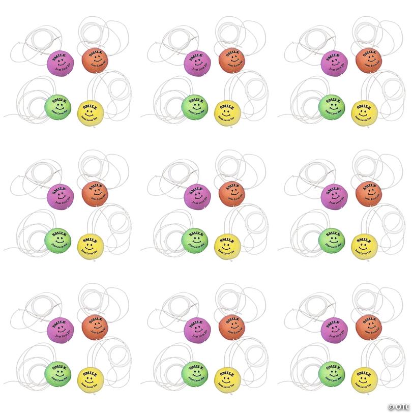 1" Bulk 48 Pc. Smile Jesus Loves You Rubber Stringed Ball Assortment