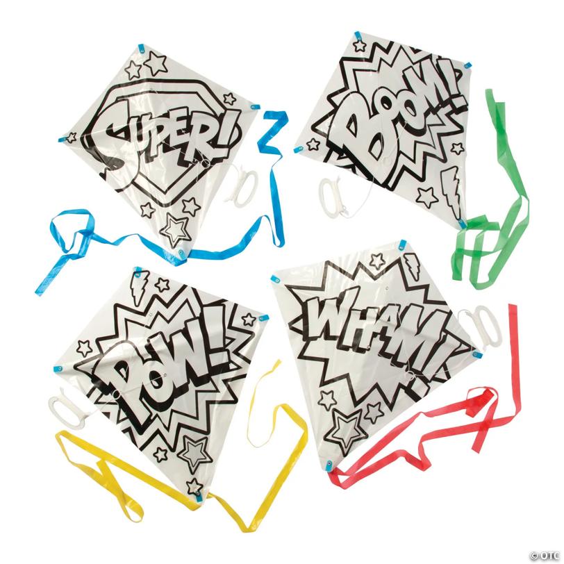 21" x 22" Color Your Own Comic Book Superhero Sayings Plastic Kites - 12 Pc.
