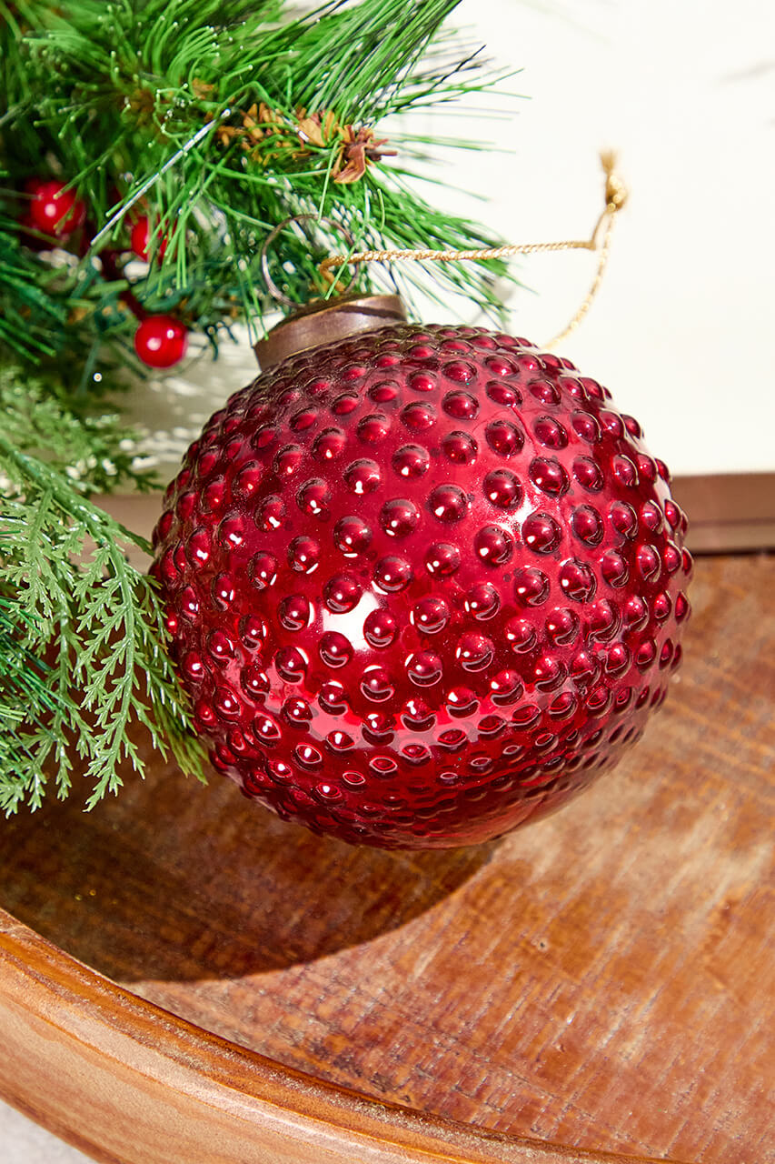 4" Round Hobnail Ruby Mercury Glass Ornament