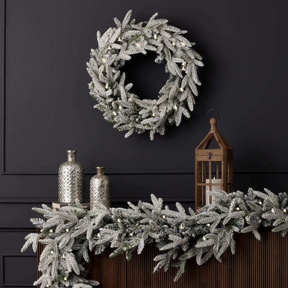 24" Royal Oaks Flocked Plug-In Wreath with Warm White LED Lights
