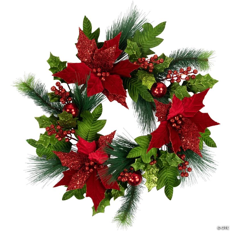 24" Glittered Red Poinsettia and Long Pine Christmas Wreath  Unlit