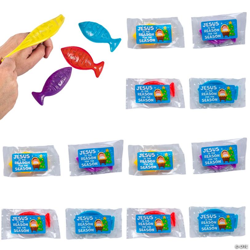 24 Pc. 3 1/2" Religious Vinyl Fish Flingers with Christmas Handout Card for 12