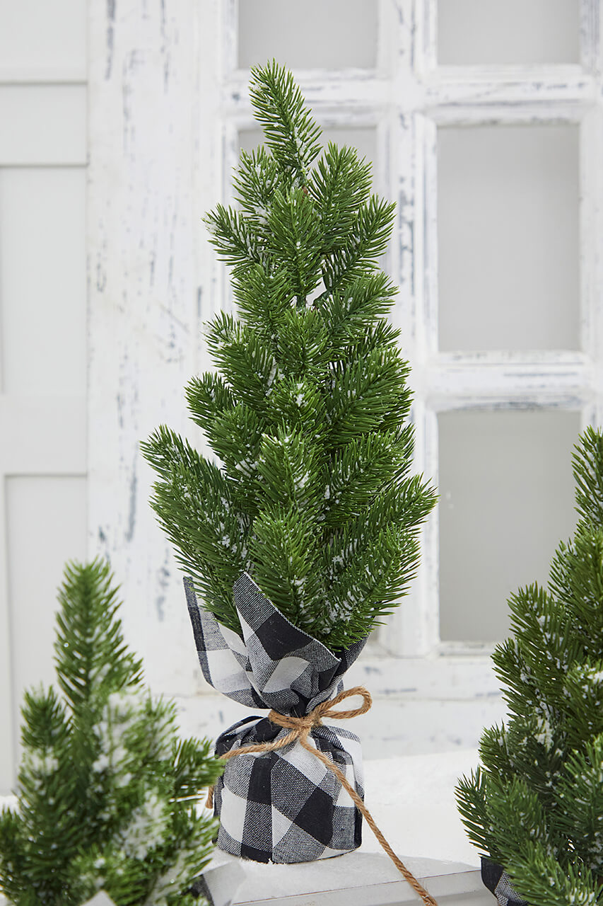 Flocked Pine Tree With Plaid Fabric - Large