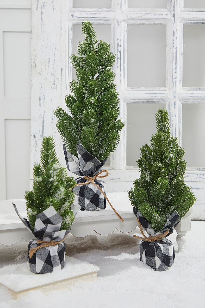 Flocked Pine Tree With Plaid Fabric - Large