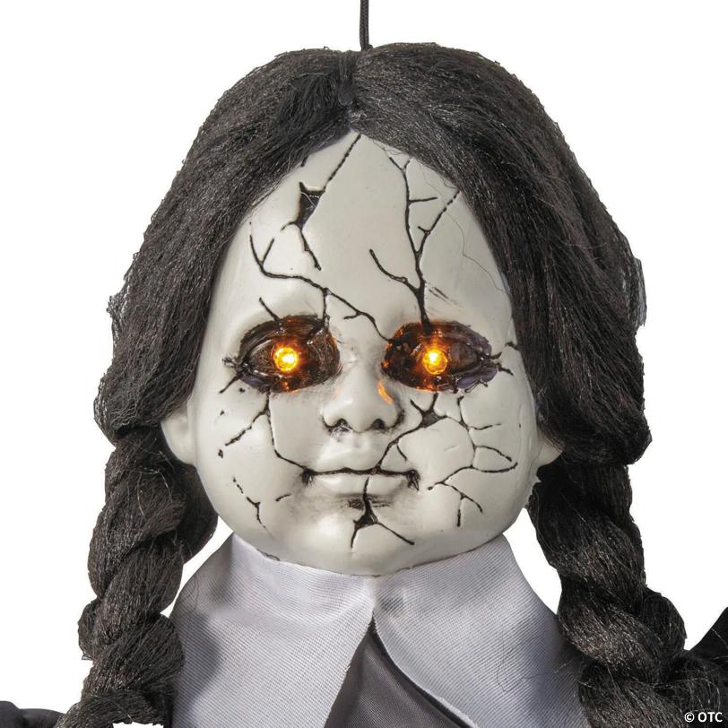 27 1/2" Animated Hanging Cracked Face Doll with Black Dress Halloween Decoration