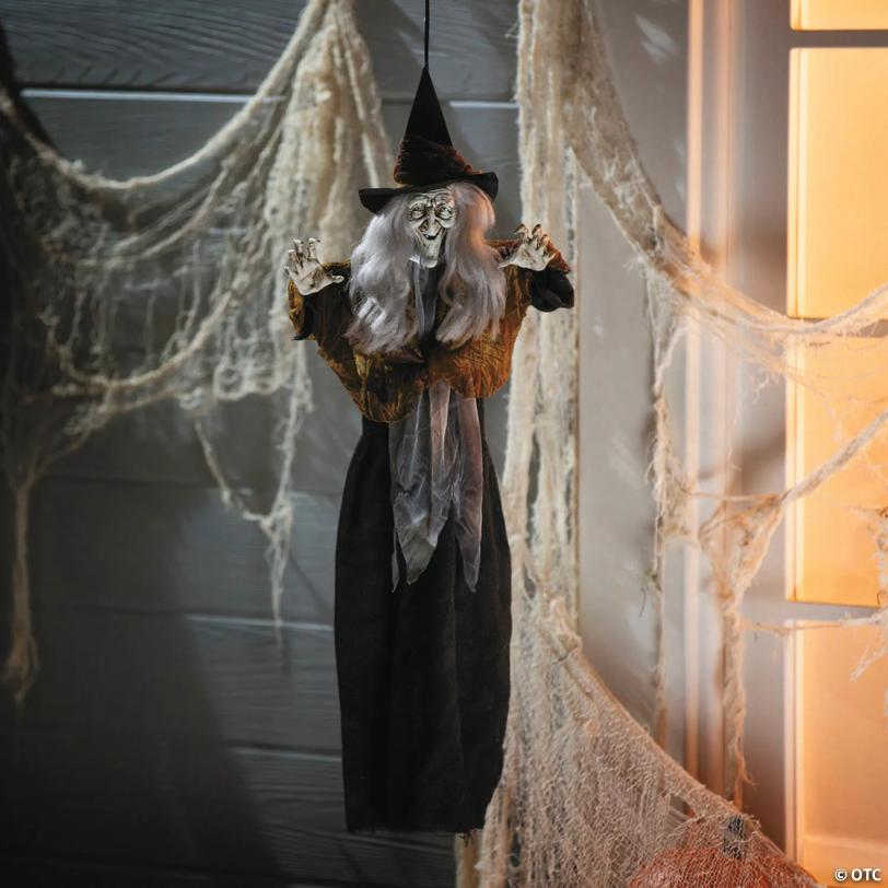 27 1/2" Hanging Smiling Witch with Gray Hair Halloween Decoration