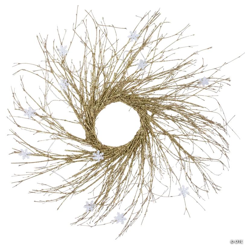 28" Pre-lit Gold Glittered Artificial Twig Christmas Wreath  Warm White LED Lights