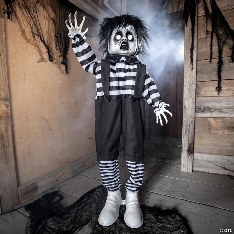 2 Ft. Black & White Scary Boy Animated Prop Standing Halloween Decoration