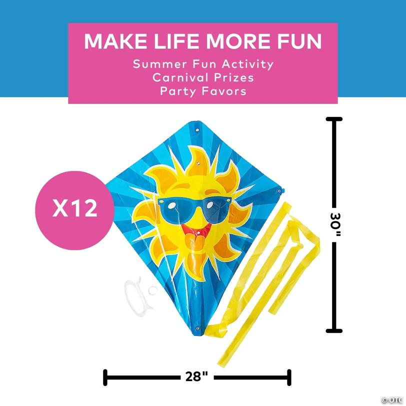 30" x 28" Cool Sun Funny Face Plastic Kites with Tail - 12 Pc.