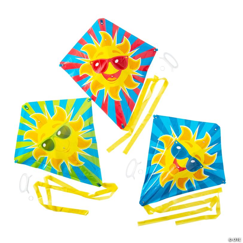 30" x 28" Cool Sun Funny Face Plastic Kites with Tail - 12 Pc.