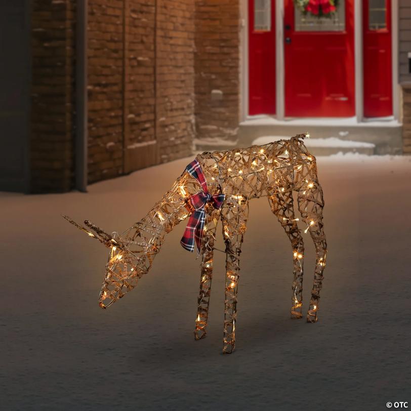 35" LED Lighted Feeding Rattan Reindeer Outdoor Christmas Decoration