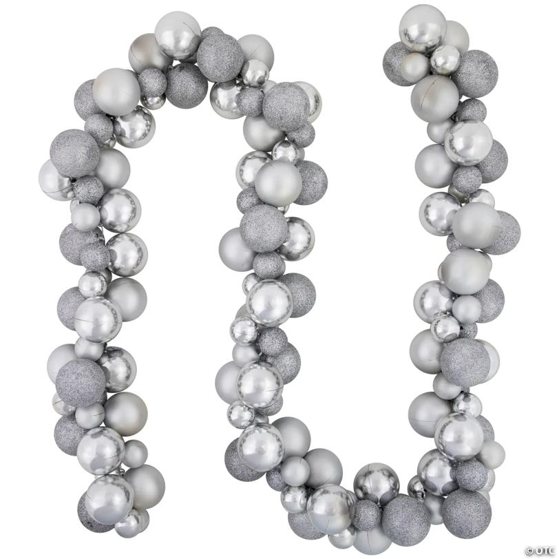 3-Finish Shatterproof Ball Christmas Garland - 6' Proper 3.5" - Silver - Unlit