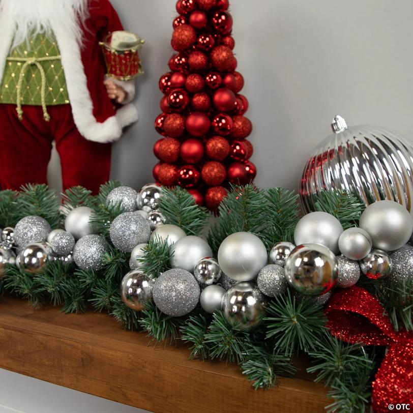 3-Finish Shatterproof Ball Christmas Garland - 6' Proper 3.5" - Silver - Unlit