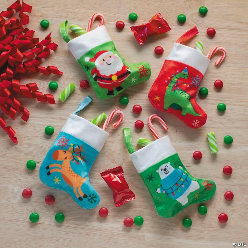 3 1/2" x 4" Mini Cozy, Merry & Bright Polyester Christmas Stockings – 4 Pc.