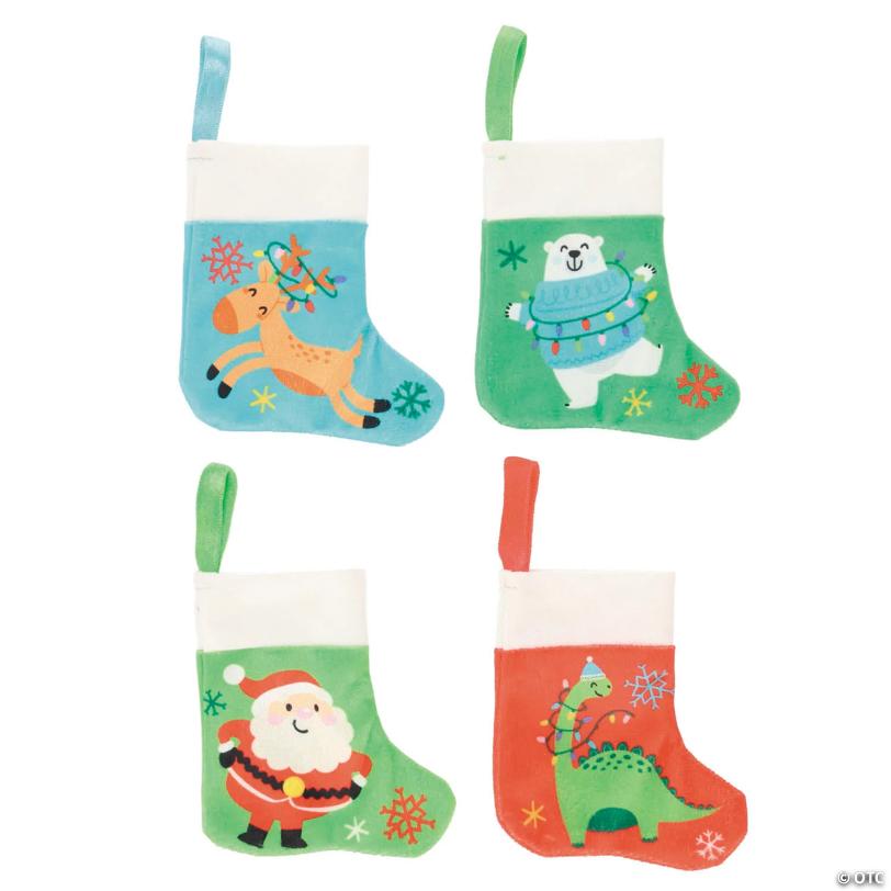 3 1/2" x 4" Mini Cozy, Merry & Bright Polyester Christmas Stockings – 4 Pc.