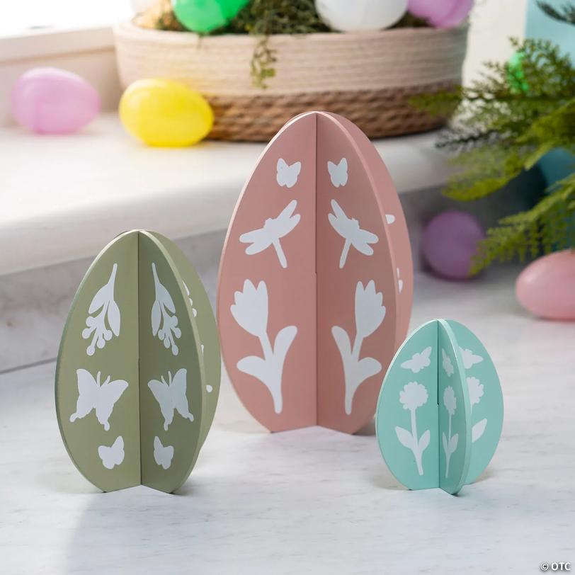 3 3/4" – 7 1/2" Enchanted Garden Slotted Egg Wood Tabletop Decorations - 3 Pc.