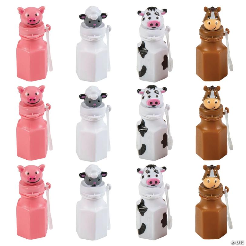 3" Mini Barnyard Cow, Horse, Pig & Sheep Plastic Bubble Bottles - 12 Pc.